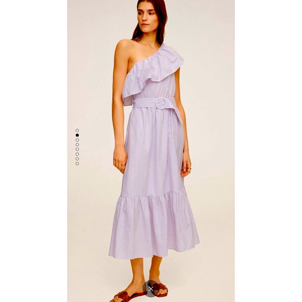 Mango Lilac white stripes cotton Frilled belt dress
